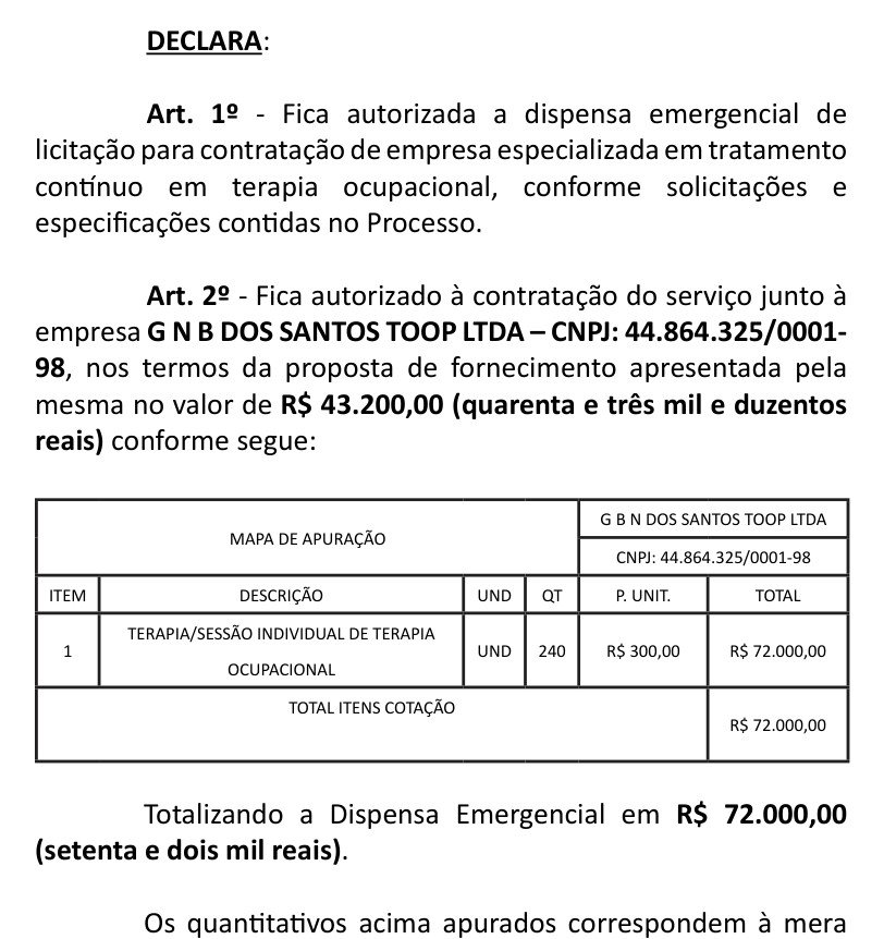 Trecho do Diário Oficial de Jataí com o artigo 2º do ato de dispensa FMS 120/2026, que cita R$ 43.200,00, e o mapa de apuração, que soma R$ 72.000,00