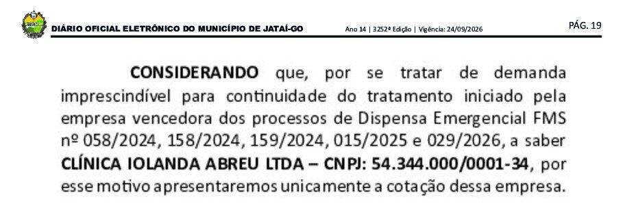Trecho do Diário Oficial de Jataí que lista as cinco dispensas emergenciais anteriores vencidas pela mesma clínica