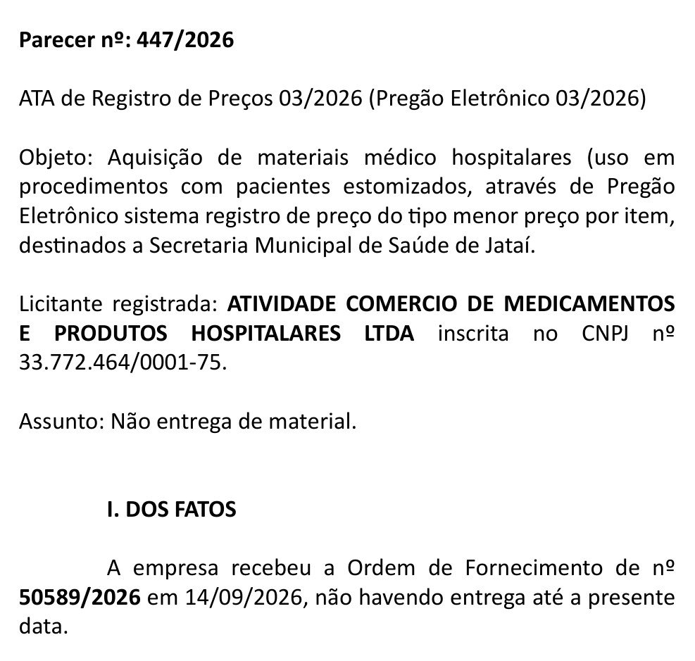 Recorte do Diário Oficial de Jataí com o Parecer nº 447/2026, que registra a não entrega de materiais para pacientes estomizados