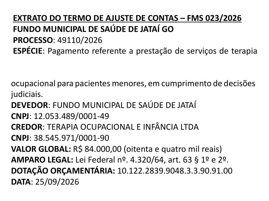 Extrato do Termo de Ajuste de Contas FMS 023/2026 publicado no Diário Oficial de Jataí, com credor, valor de R$ 84 mil e dotação orçamentária