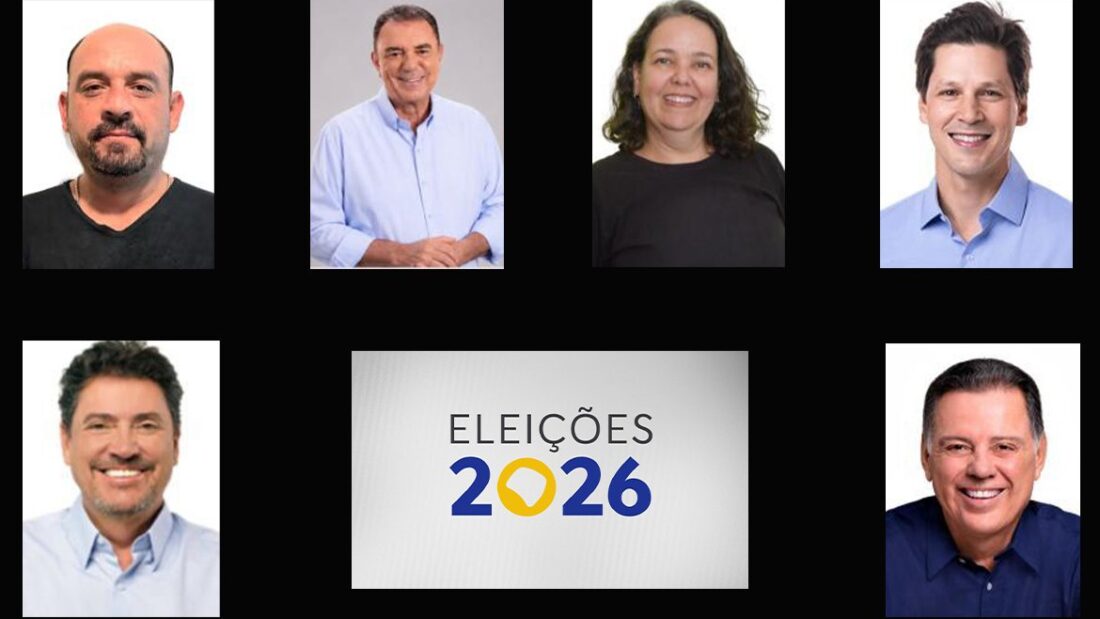 Arte com as fotos dos seis candidatos ao governo de Goiás e o logotipo Eleições 2026