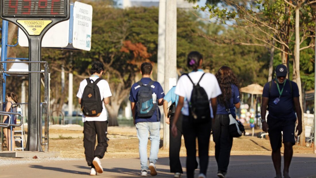 Pessoas com mochilas caminham por calçada arborizada