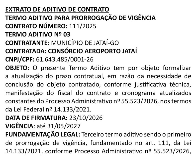 Trecho do Diário Oficial de Jataí com o extrato do Termo Aditivo nº 03 ao Contrato nº 111/2025, assinado em 23 de outubro de 2026, com vigência até 31 de maio de 2027