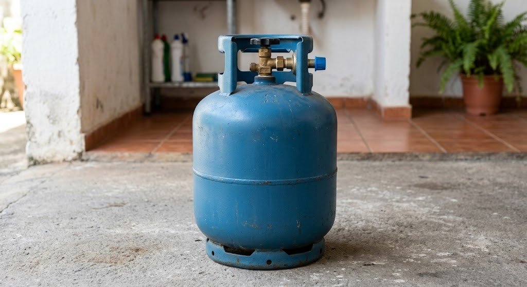 Botijão de gás de cozinha azul, de 13 quilos, sobre piso de cimento na área externa de uma casa