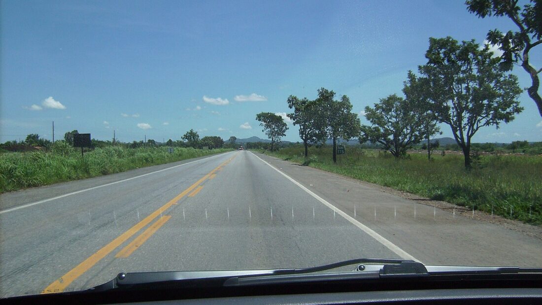 Rodovia de pista simples vista de dentro de um carro, com faixa amarela dupla no centro, acostamento e vegetação de Cerrado nas margens