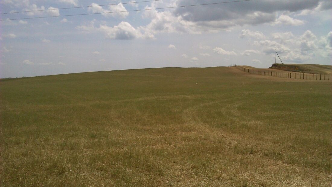 Campo aberto e plano sob céu com nuvens, em área preparada para o plantio de soja