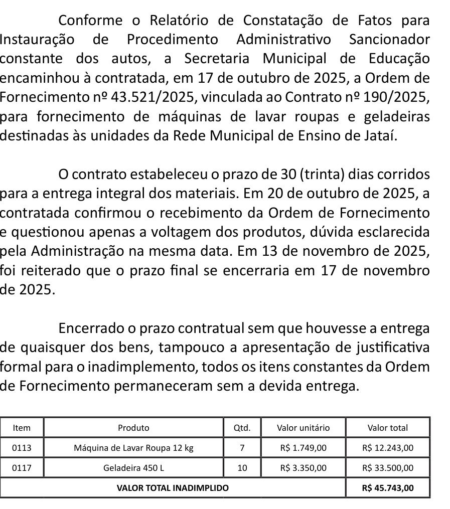 Trecho do Diário Oficial de Jataí com o relato da encomenda e a tabela dos itens não entregues: sete máquinas de lavar e dez geladeiras, no total de R$ 45.743,00