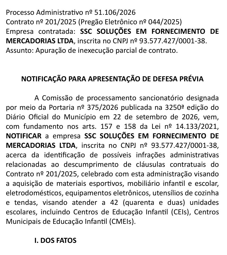Trecho do Diário Oficial de Jataí com a notificação à empresa SSC Soluções para apresentação de defesa prévia
