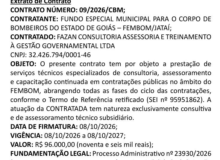 Extrato do Contrato 09/2026/CBM publicado no Diário Oficial de Jataí: contratante FEMBOM/Jataí, contratada Fazan Consultoria, objeto de consultoria e capacitação em contratações públicas, firmado em 8 de outubro de 2026, vigência de um ano e valor de R$ 96 mil