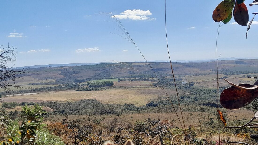 Vista do alto de uma serra para um vale de Cerrado com campos e morros ao fundo, sob céu azul