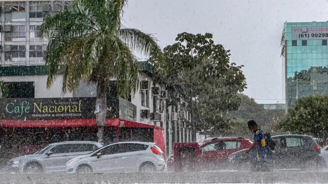 Chuva forte cai sobre uma avenida com carros parados, palmeiras e prédios ao fundo, e um pedestre caminha na calçada