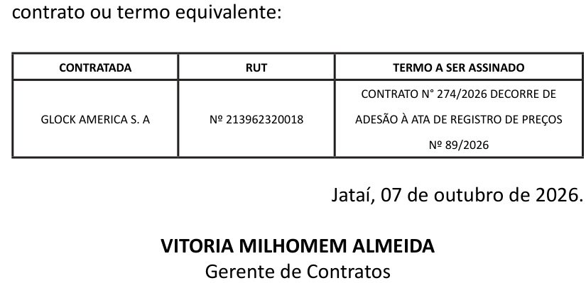 Trecho do Diário Oficial de Jataí com a convocação da Glock America S.A. para assinar o Contrato nº 274/2026, decorrente de adesão à Ata de Registro de Preços nº 89/2026