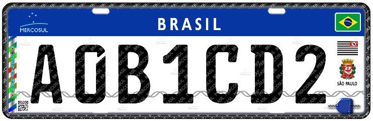 Modelo de placa de veículo no padrão Mercosul, branca com faixa azul no alto, a palavra Brasil, a bandeira do Brasil e os caracteres A0B1CD2