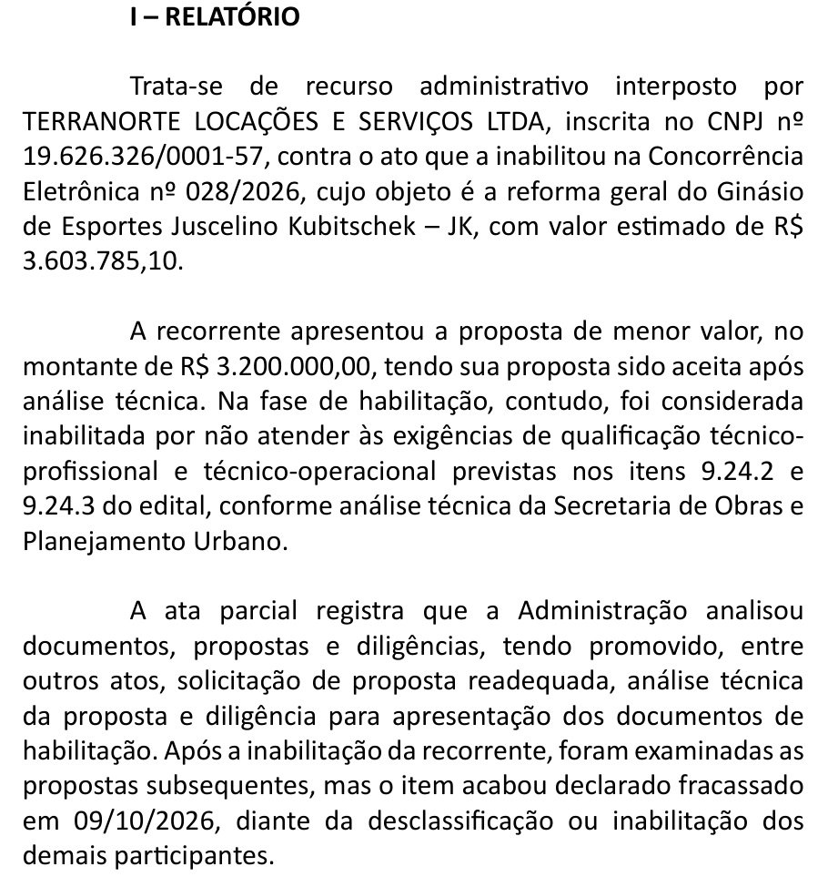 Trecho do Diário Oficial de Jataí com o relatório do recurso da Terranorte na Concorrência Eletrônica 028/2026, que cita o valor estimado de R$ 3.603.785,10, a proposta de R$ 3,2 milhões e o item declarado fracassado em 9 de outubro