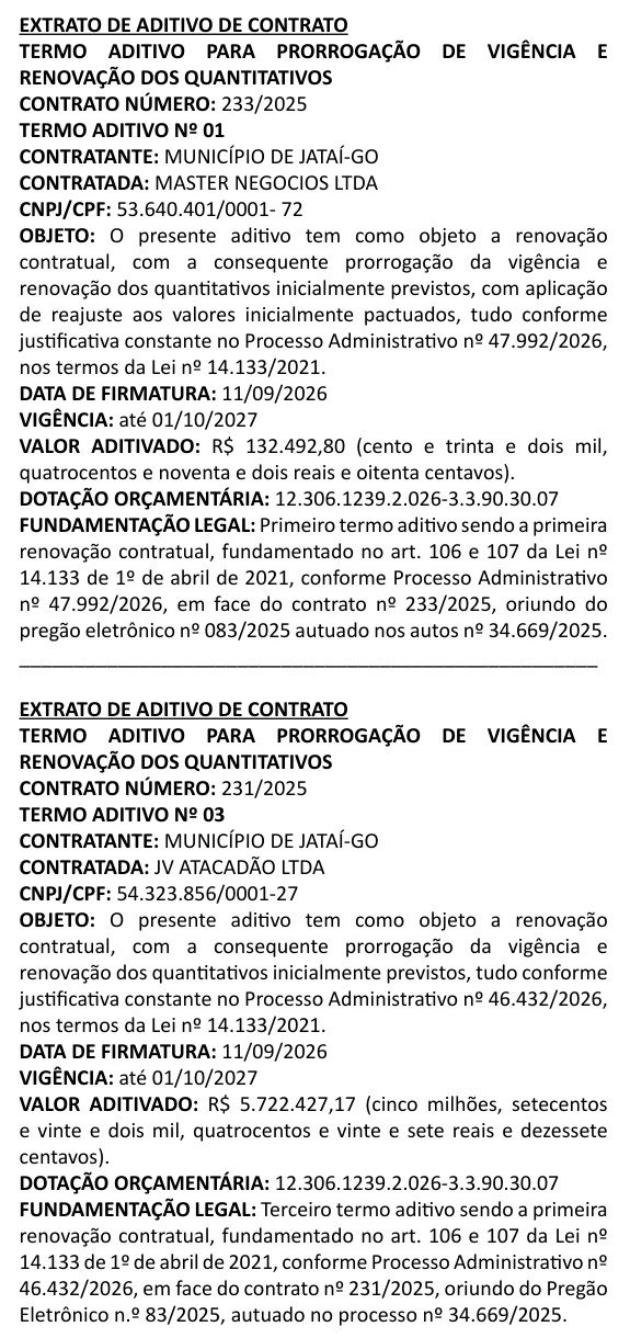 Trecho da página 41 do Diário Oficial de Jataí de 9 de outubro de 2026 com os extratos dos aditivos dos contratos 233/2025 e 231/2025