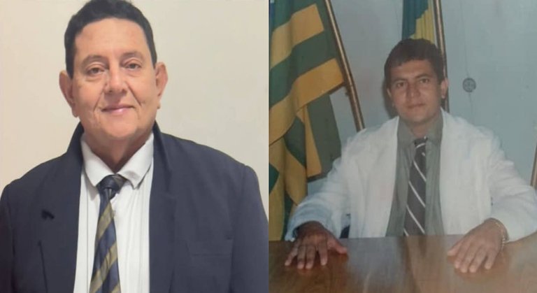 Duas fotos de Beltrônio Ferreira de Melo Filho, o Bió: um retrato recente, de terno, e uma imagem antiga dele sentado à mesa diante de uma bandeira