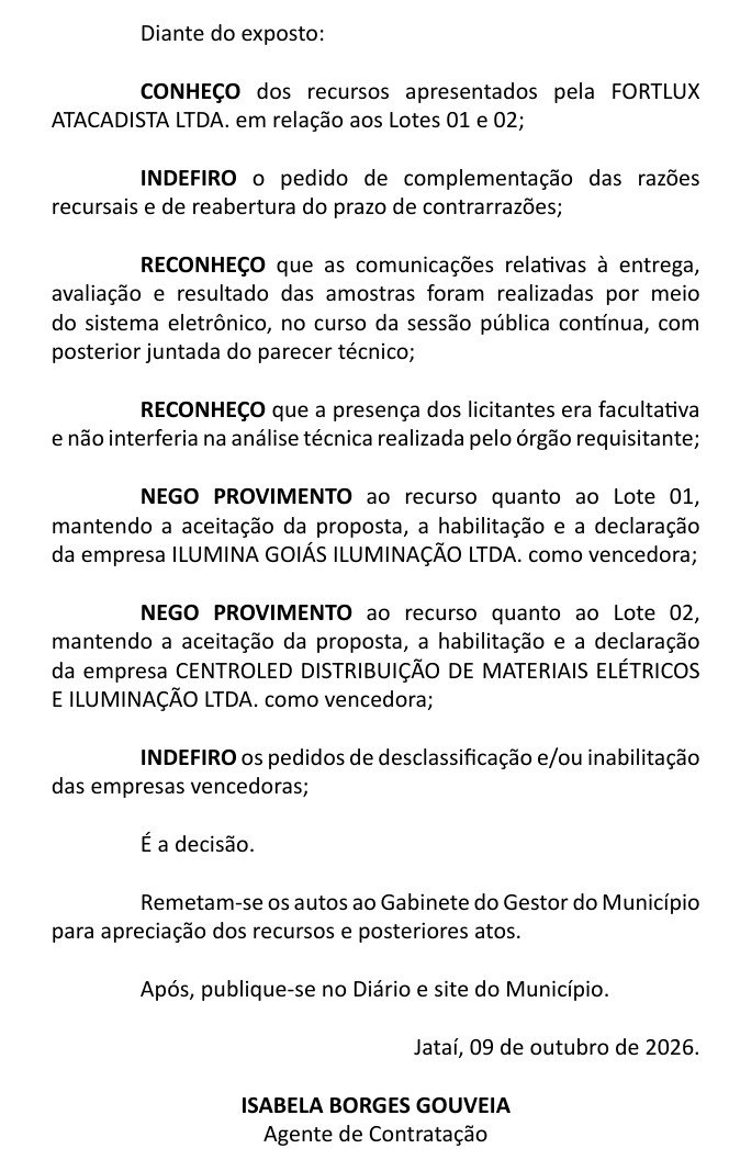 Trecho da página 39 do Diário Oficial de Jataí de 9 de outubro de 2026 com a parte final da decisão que nega provimento ao recurso da Fortlux