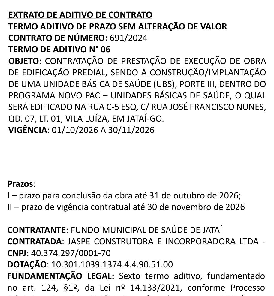 Trecho do Diário Oficial de Jataí com o extrato do sexto termo aditivo do Contrato 691/2024, que fixa a conclusão da obra em 31 de outubro de 2026