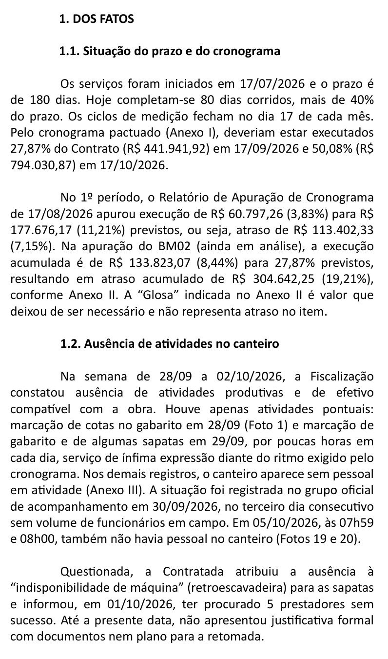 Trecho da Notificação Extrajudicial nº 02/2026 com os itens Situação do prazo e do cronograma e Ausência de atividades no canteiro