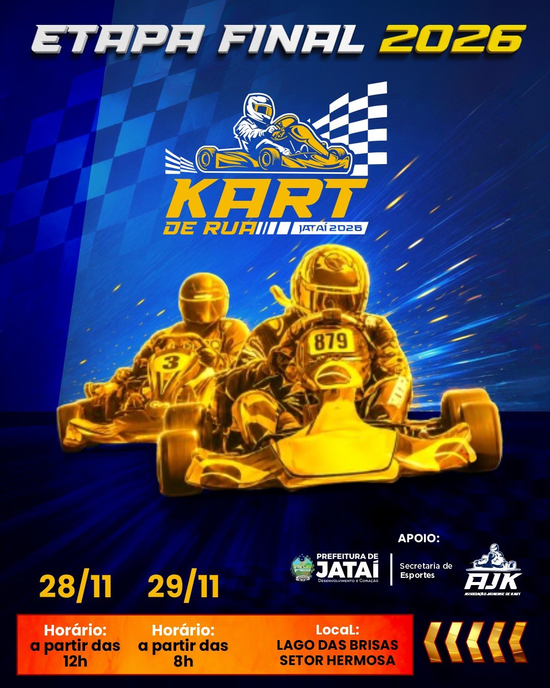 Cartaz da etapa final do Kart de Rua 2026, com dois karts dourados e as datas 28 e 29 de novembro