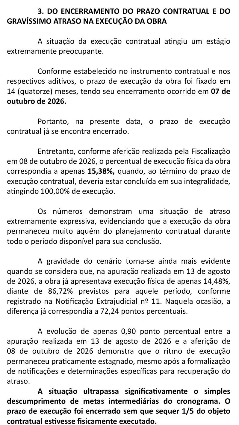 Trecho do Diário Oficial de Jataí com o item 3 da notificação, 'Do encerramento do prazo contratual e do gravíssimo atraso na execução da obra', que cita execução física de 15,38% em 8 de outubro de 2026