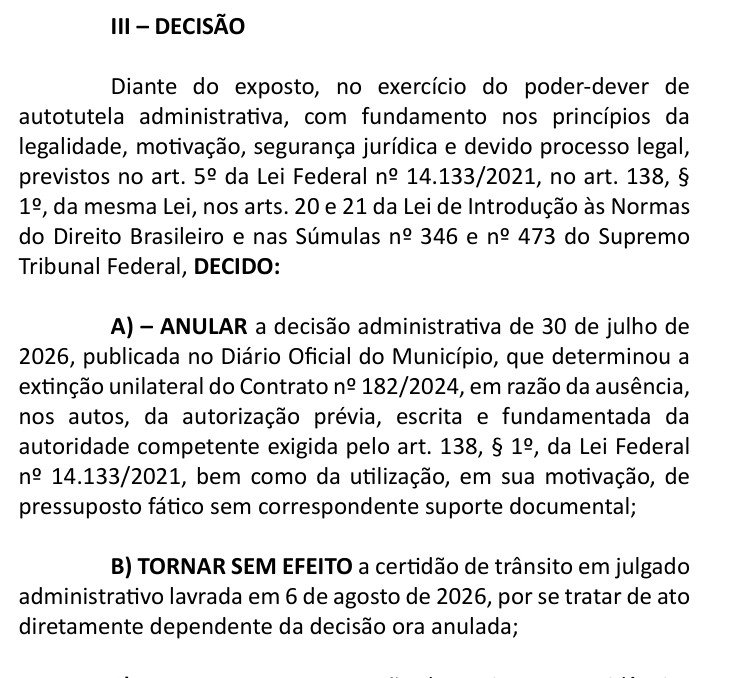 Trecho do Diário Oficial de Jataí com a parte 'III – Decisão': o item A anula a decisão de 30 de julho de 2026 que extinguiu o Contrato nº 182/2024 por falta da autorização prévia exigida pelo art. 138 da Lei 14.133/2021, e o item B torna sem efeito a certidão de trânsito em julgado de 6 de agosto