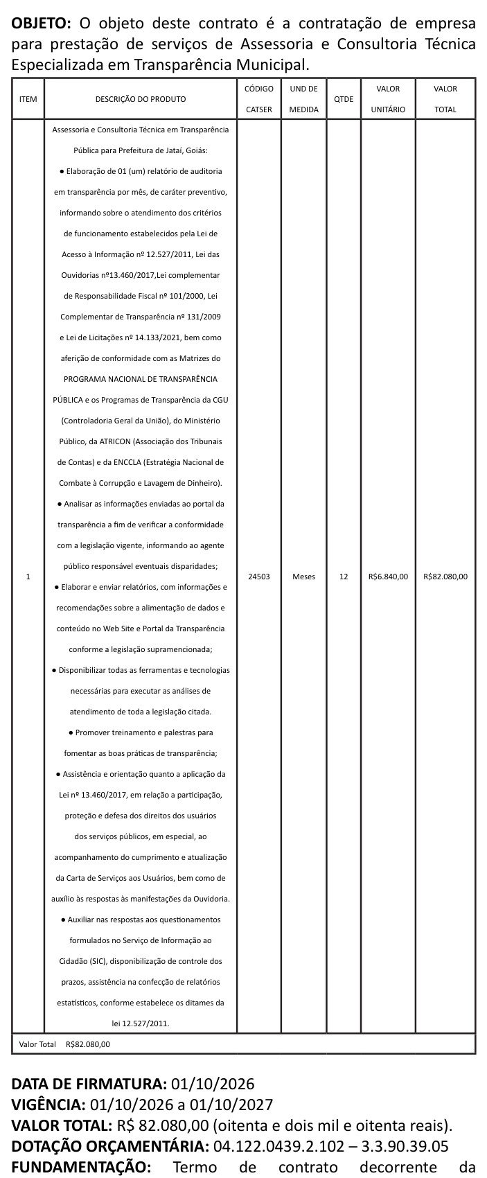 Trecho do Diário Oficial de Jataí com o objeto do Contrato 267/2026, a tabela do item de consultoria em transparência com 12 meses a R$ 6.840,00, total de R$ 82.080,00, e as datas de assinatura e vigência