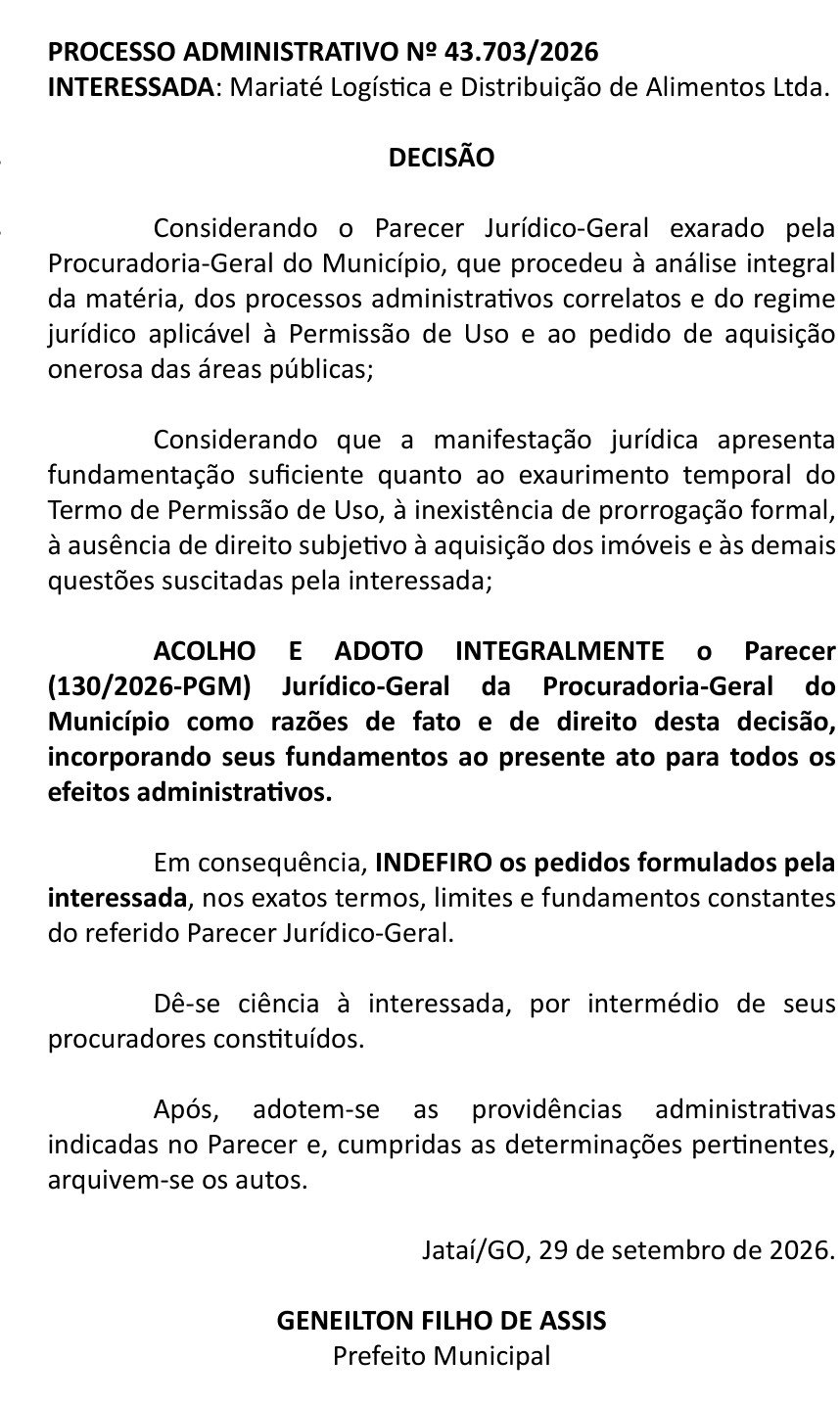 Trecho do Diário Oficial de Jataí com a decisão do prefeito que indefere os pedidos da empresa Mariaté Logística