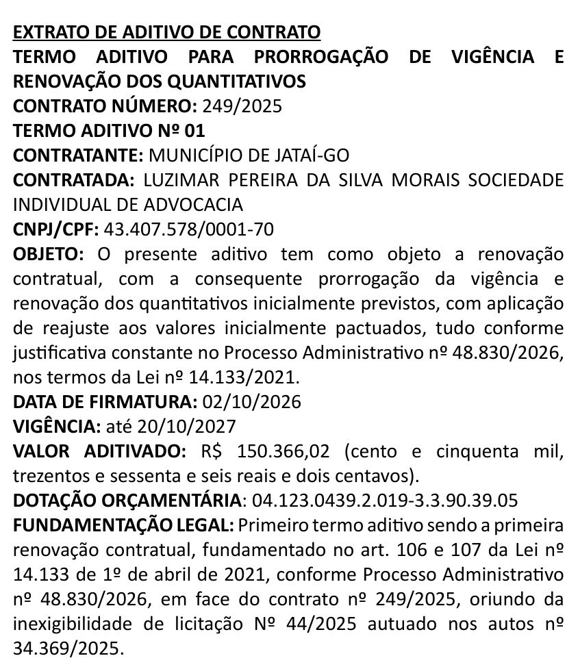 Trecho do Diário Oficial de Jataí com o extrato do Termo Aditivo nº 01 ao Contrato 249/2025: contratada, objeto, data de firmatura em 2 de outubro de 2026, vigência até 20 de outubro de 2027 e valor aditivado de R$ 150.366,02