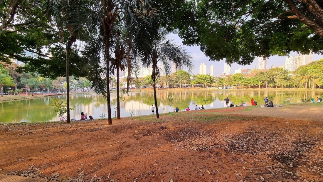 Lago do Parque Vaca Brava, em Goiânia, cercado de árvores e palmeiras, com pessoas sentadas na grama e prédios ao fundo