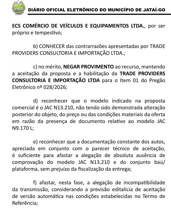 Trecho do Diário Oficial de Jataí com a decisão que nega provimento ao recurso no Pregão Eletrônico 028/2026