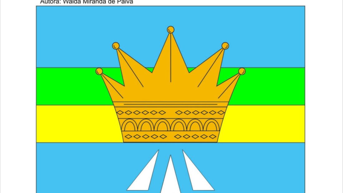 Bandeira de Formosa, com faixas azul, verde e amarela e uma coroa dourada ao centro
