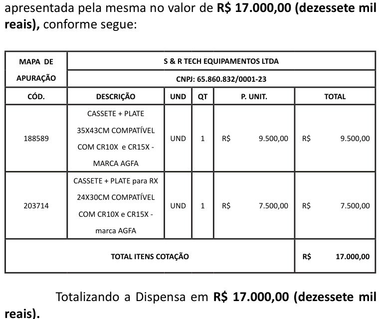 Tabela do Diário Oficial de Jataí com o mapa de apuração da S & R Tech Equipamentos: um cassete com plate de 35 por 43 centímetros por R$ 9.500 e um de 24 por 30 centímetros por R$ 7.500, total de R$ 17 mil