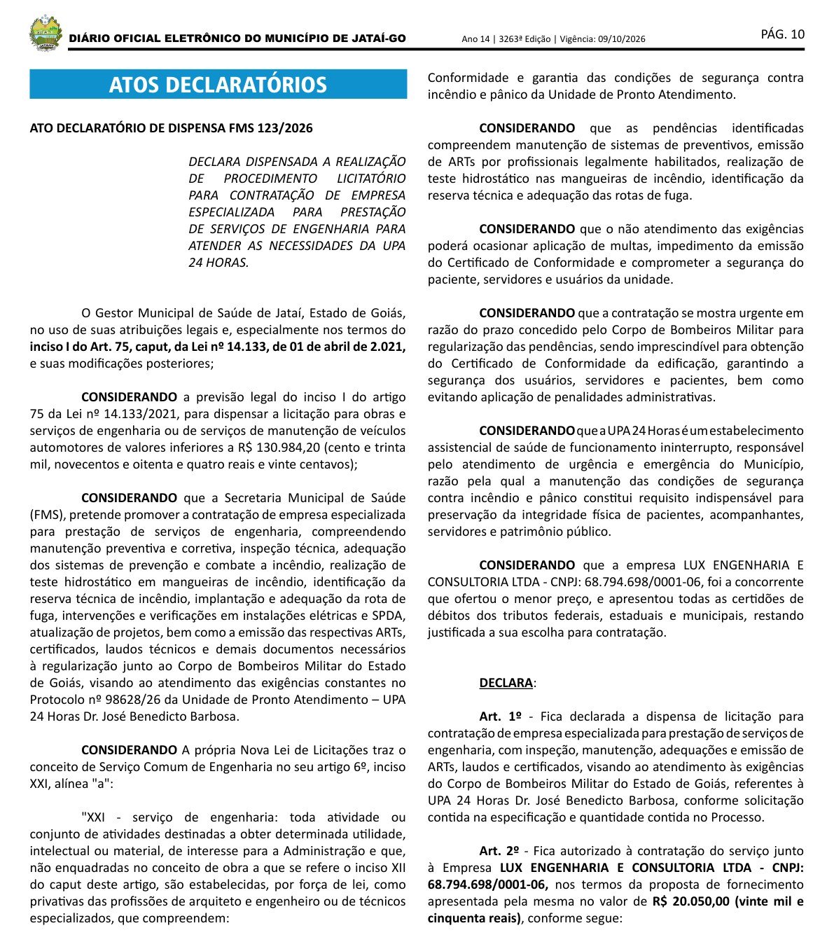 Página 10 do Diário Oficial de Jataí de 9 de outubro de 2026 com o Ato Declaratório de Dispensa FMS 123/2026, que cita as exigências do Corpo de Bombeiros para a UPA 24 Horas