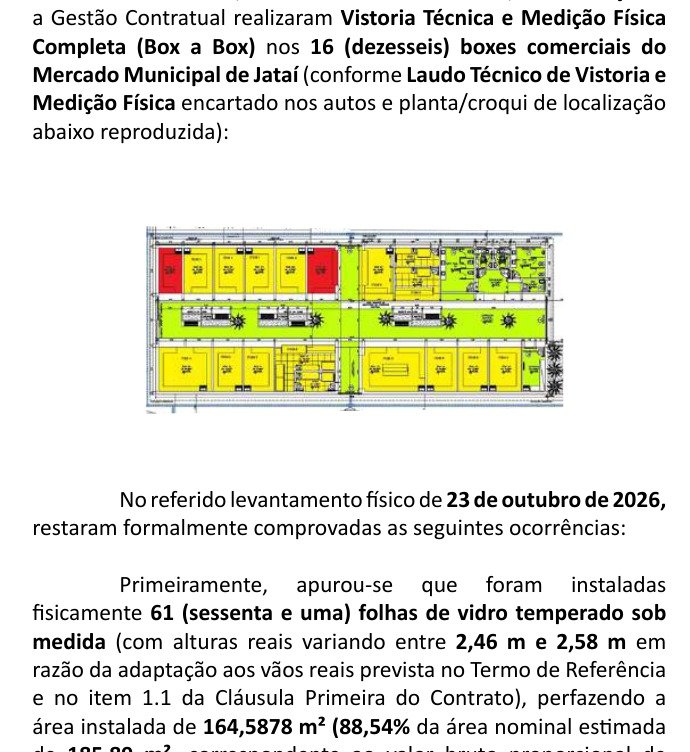 Trecho do Diário Oficial de Jataí com a planta dos boxes do Mercado Municipal, com dois boxes pintados de vermelho, e o texto que informa a instalação de 61 folhas de vidro temperado, 88,54% da área prevista