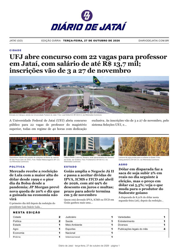 Capa da edição de terça-feira, 27 de outubro de 2026